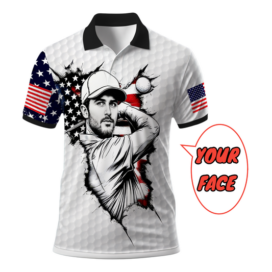 HomyGifts Men's Customized Face Artistic Golf Polo Shirt, Personalized American Flag Design, Unique Gift for Patriotic Golfers Style 30