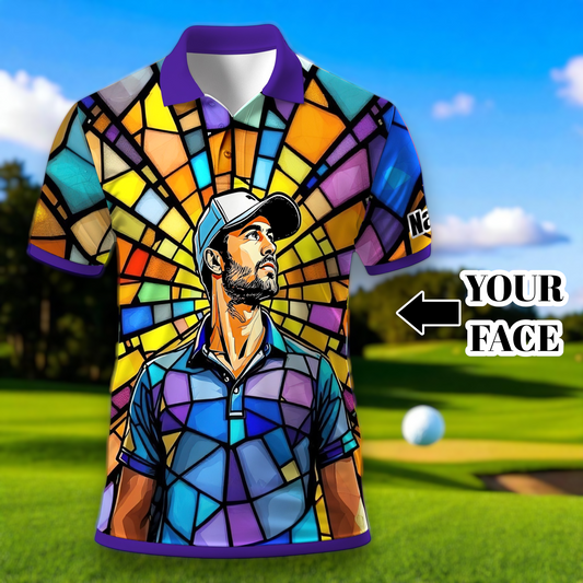 Custom Face Golf Polo Shirt – Personalized Stained Glass Art Shirt, Unique Golf Gift for Him, Colorful Abstract Golf Polo, Custom Sportswear