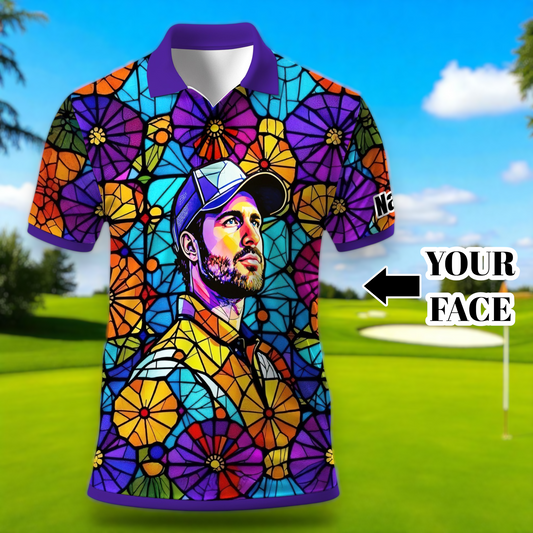 Custom Face Golf Polo Shirt – Personalized Stained Glass Art Shirt, Unique Golf Gift for Him, Colorful Abstract Golf Polo, Custom Sportswear