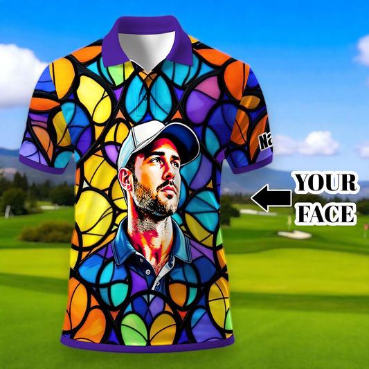 Custom Face Golf Polo Shirt – Personalized Stained Glass Art Shirt, Unique Golf Gift for Him, Colorful Abstract Golf Polo, Custom Sportswear