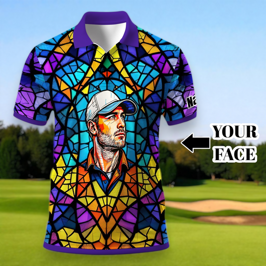 Custom Face Golf Polo Shirt – Personalized Stained Glass Art Shirt, Unique Golf Gift for Him, Colorful Abstract Golf Polo, Custom Sportswear