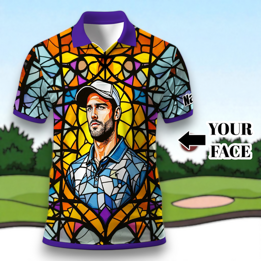 Custom Face Golf Polo Shirt – Personalized Stained Glass Art Shirt, Unique Golf Gift for Him, Colorful Abstract Golf Polo, Custom Sportswear