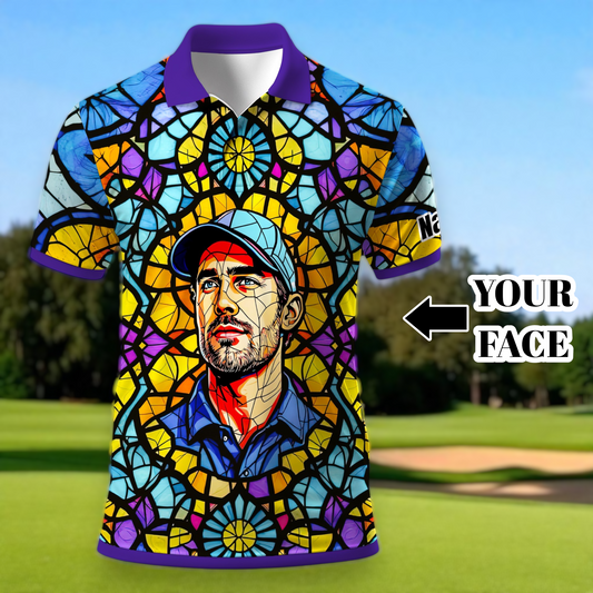 Custom Face Golf Polo Shirt – Personalized Stained Glass Art Shirt, Unique Golf Gift for Him, Colorful Abstract Golf Polo, Custom Sportswear