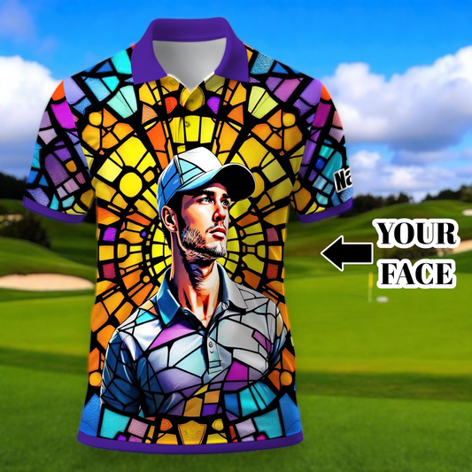 Custom Face Golf Polo Shirt – Personalized Stained Glass Art Shirt, Unique Golf Gift for Him, Colorful Abstract Golf Polo, Custom Sportswear