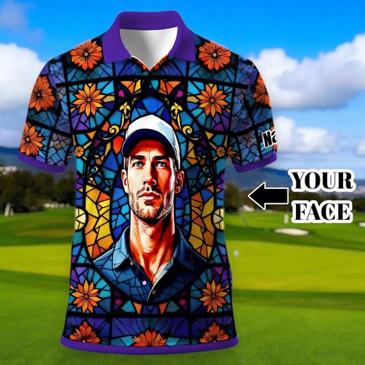 Custom Face Golf Polo Shirt – Personalized Stained Glass Art Shirt, Unique Golf Gift for Him, Colorful Abstract Golf Polo, Custom Sportswear