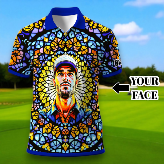 Custom Face Golf Polo Shirt – Personalized Stained Glass Mandala Style Polo, Unique Gift for Men & Women, Vibrant Artistic Golf Shirt, Custom Photo Polo