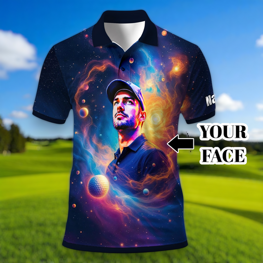 Custom Cosmic Portrait Polo Shirt – Personalized Surreal Galaxy Art with Your Face | Unique Gift for Golfers, Sports & Astrology Fans