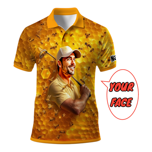 HomyGifts Men's Customized Face Artistic Golf Polo Shirt, Personalized Bee & Honeycomb Polo Shirt with Face, Funny Honey Lover Outfit, Summer Polo for Men Style 4