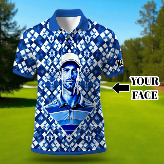 Custom Face Polo Shirt – Geometric Diamond Pattern | Personalized Photo Golf Polo | Unique Gift for Him, Retro Geometric Style Shirt Style 4