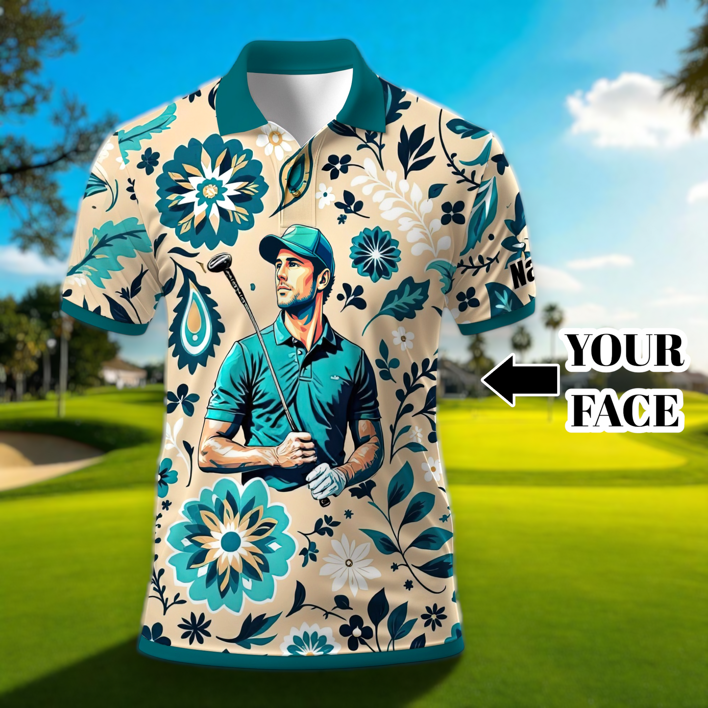 Custom Retro Pattern Art Polo Shirt – Personalized Face & Name | Vintage Floral Pattern Collared Shirt for Men Style 4