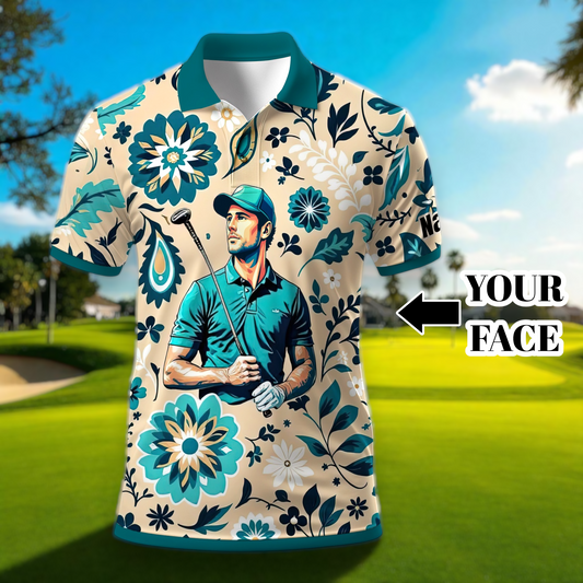 Custom Retro Pattern Art Polo Shirt – Personalized Face & Name | Vintage Floral Pattern Collared Shirt for Men Style 4