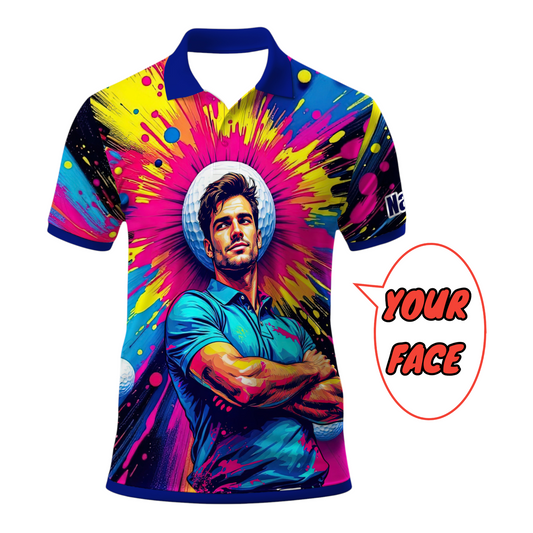 HomyGifts Men's Customized Face Artistic Golf Polo Shirt, Personalized Pop Art Golf Polo, Portrait Gift for Golfers Style 4