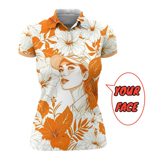 Women’s Custom Face Hibiscus Polo Shirt – Personalized Tropical Floral Polo, Unique Gift for Her, Stylish Custom Golf & Casual Wear Style 4