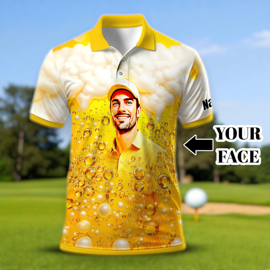 Custom Beer Polo Shirt with Face – Funny Personalized Polo for Beer Lovers, Summer Party Outfit, Unique Gift for Men