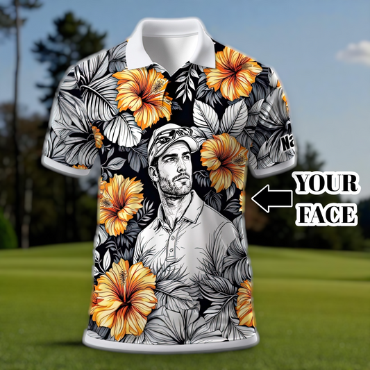 Custom Face Tropical Floral Polo Shirt – Personalized Summer Shirt, Fun Beach Vacation Gift, Unique Tropical Party Outfit