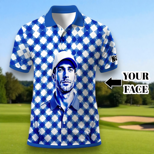 Custom Face Polo Shirt – Geometric Diamond Pattern | Personalized Photo Golf Polo | Unique Gift for Him, Retro Geometric Style Shirt Style 5