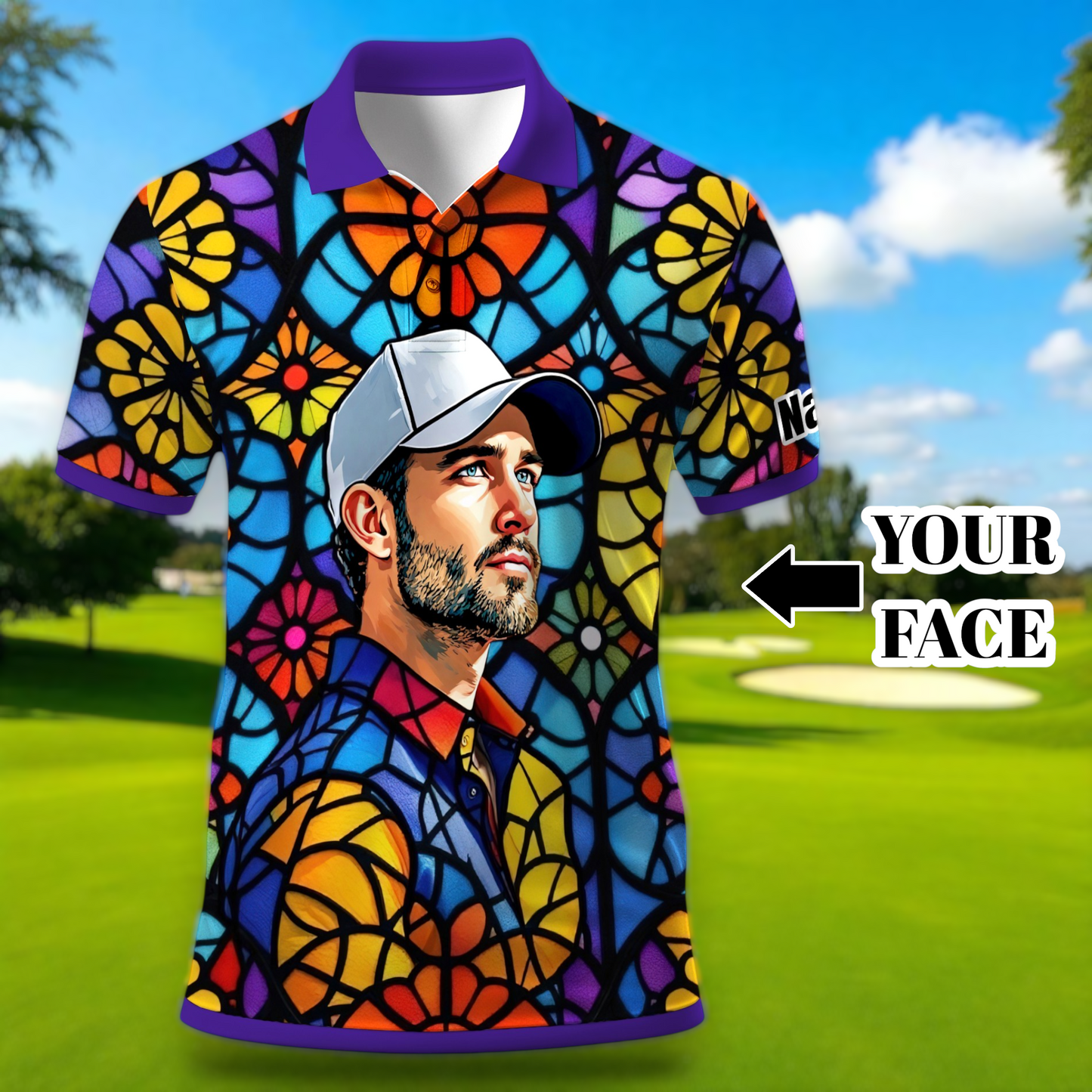 Custom Face Golf Polo Shirt – Personalized Stained Glass Art Shirt, Unique Golf Gift for Him, Colorful Abstract Golf Polo, Custom Sportswear
