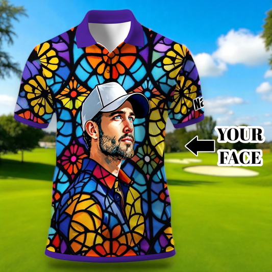 Custom Face Golf Polo Shirt – Personalized Stained Glass Art Shirt, Unique Golf Gift for Him, Colorful Abstract Golf Polo, Custom Sportswear