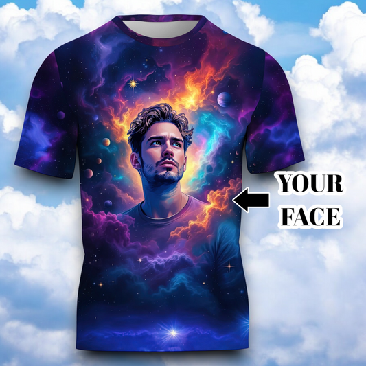 Custom Face Surreal Cosmic Art T-Shirt – Personalized Galaxy Universe Tee with Trippy Sci-Fi Design for Unique Gifts & Style