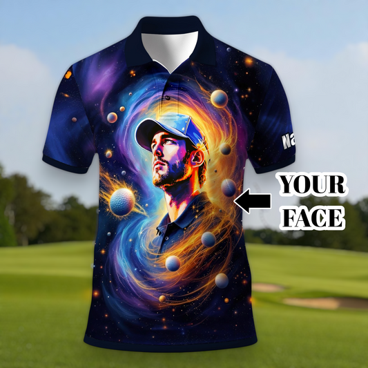 Custom Cosmic Portrait Polo Shirt – Personalized Surreal Galaxy Art with Your Face | Unique Gift for Golfers, Sports & Astrology Fans