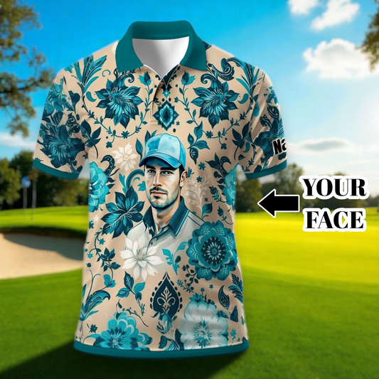 Custom Retro Pattern Art Polo Shirt – Personalized Face & Name | Vintage Floral Pattern Collared Shirt for Men Style 5