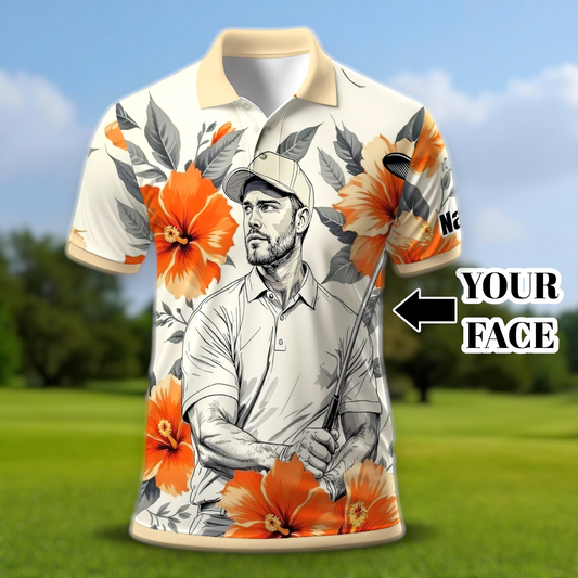 Custom Face Tropical Floral Polo Shirt – Personalized Summer Shirt, Fun Beach Vacation Gift, Unique Tropical Party Outfit