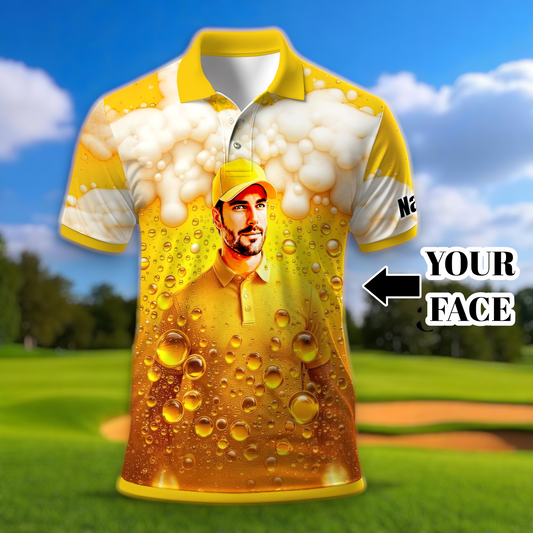 Custom Beer Polo Shirt with Face – Funny Personalized Polo for Beer Lovers, Summer Party Outfit, Unique Gift for Men