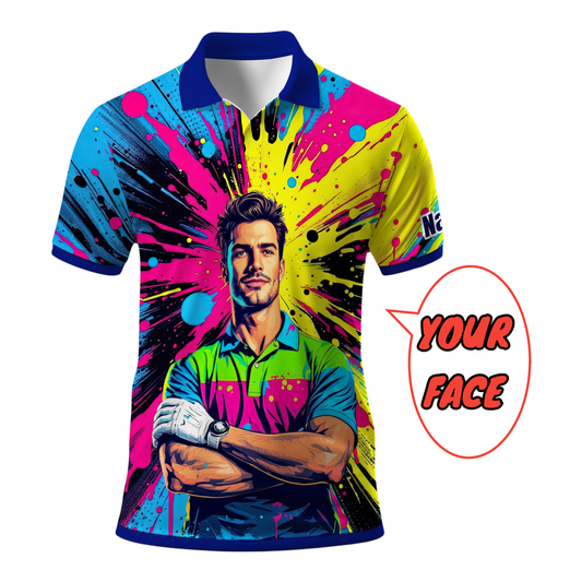 HomyGifts Men's Customized Face Artistic Golf Polo Shirt, Personalized Pop Art Golf Polo, Portrait Gift for Golfers Style 5