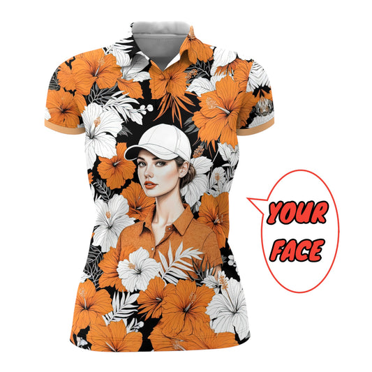 Women’s Custom Face Hibiscus Polo Shirt – Personalized Tropical Floral Polo, Unique Gift for Her, Stylish Custom Golf & Casual Wear Style 5