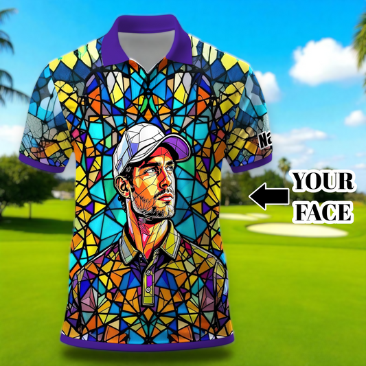 Custom Face Golf Polo Shirt – Personalized Stained Glass Art Shirt, Unique Golf Gift for Him, Colorful Abstract Golf Polo, Custom Sportswear