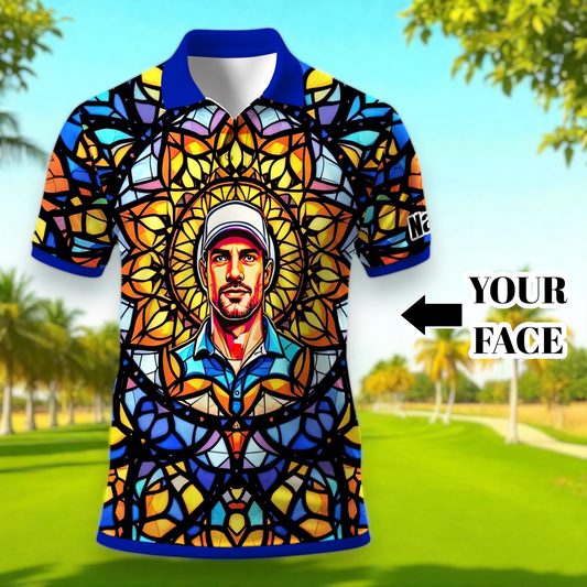 Custom Face Golf Polo Shirt – Personalized Stained Glass Mandala Style Polo, Unique Gift for Men & Women, Vibrant Artistic Golf Shirt, Custom Photo Polo