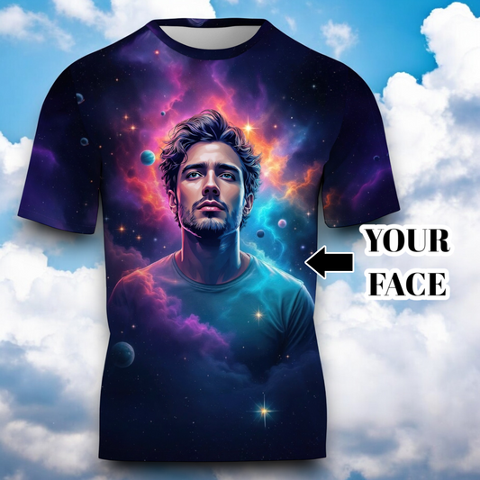 Custom Face Surreal Cosmic Art T-Shirt – Personalized Galaxy Universe Tee with Trippy Sci-Fi Design for Unique Gifts & Style