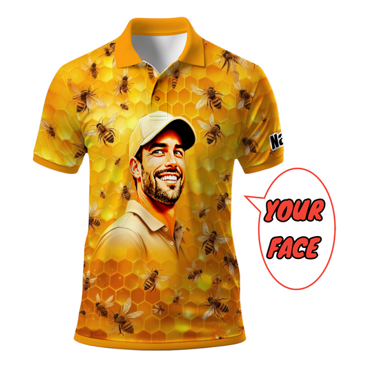 HomyGifts Men's Customized Face Artistic Golf Polo Shirt, Personalized Bee & Honeycomb Polo Shirt with Face, Funny Honey Lover Outfit, Summer Polo for Men Style 6
