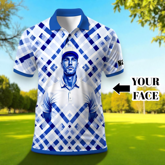 Custom Face Polo Shirt – Geometric Diamond Pattern | Personalized Photo Golf Polo | Unique Gift for Him, Retro Geometric Style Shirt Style 6