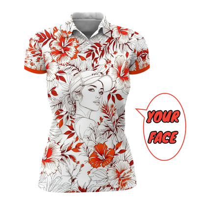 Women’s Custom Face Hibiscus Polo Shirt – Personalized Tropical Floral Polo, Unique Gift for Her, Stylish Custom Golf & Casual Wear Style 6