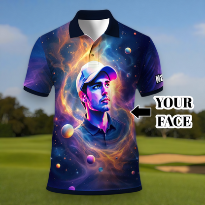 Custom Cosmic Portrait Polo Shirt – Personalized Surreal Galaxy Art with Your Face | Unique Gift for Golfers, Sports & Astrology Fans Style 6