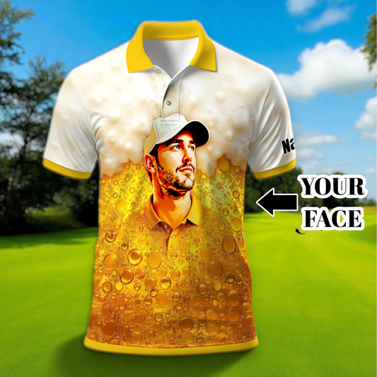 Custom Beer Polo Shirt with Face – Funny Personalized Polo for Beer Lovers, Summer Party Outfit, Unique Gift for Men