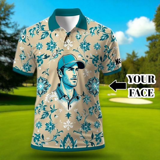 Custom Retro Pattern Art Polo Shirt – Personalized Face & Name | Vintage Floral Pattern Collared Shirt for Men Style 6