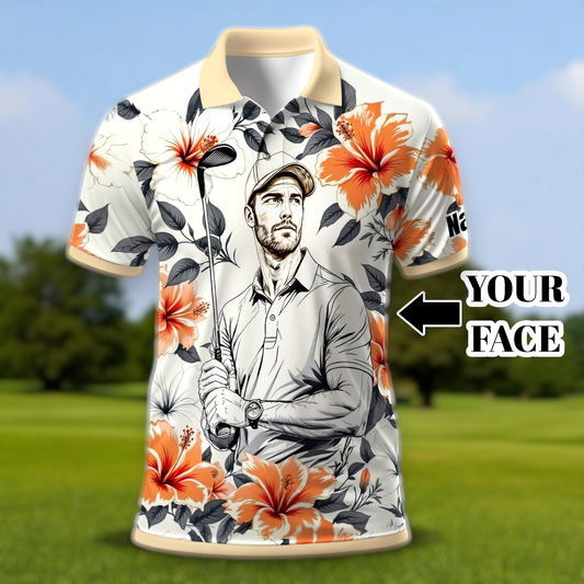 Custom Face Tropical Floral Polo Shirt – Personalized Summer Shirt, Fun Beach Vacation Gift, Unique Tropical Party Outfit