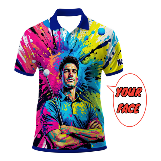 HomyGifts Men's Customized Face Artistic Golf Polo Shirt, Personalized Pop Art Golf Polo, Portrait Gift for Golfers Style 6