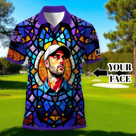 Custom Face Golf Polo Shirt – Personalized Stained Glass Art Shirt, Unique Golf Gift for Him, Colorful Abstract Golf Polo, Custom Sportswear