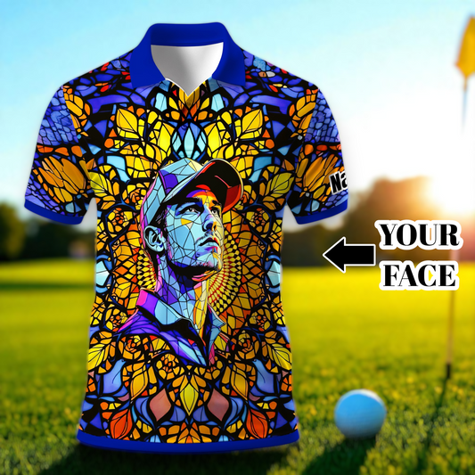Custom Face Golf Polo Shirt – Personalized Stained Glass Mandala Style Polo, Unique Gift for Men & Women, Vibrant Artistic Golf Shirt, Custom Photo Polo
