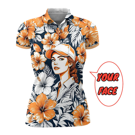 Women’s Custom Face Hibiscus Polo Shirt – Personalized Tropical Floral Polo, Unique Gift for Her, Stylish Custom Golf & Casual Wear Style 7