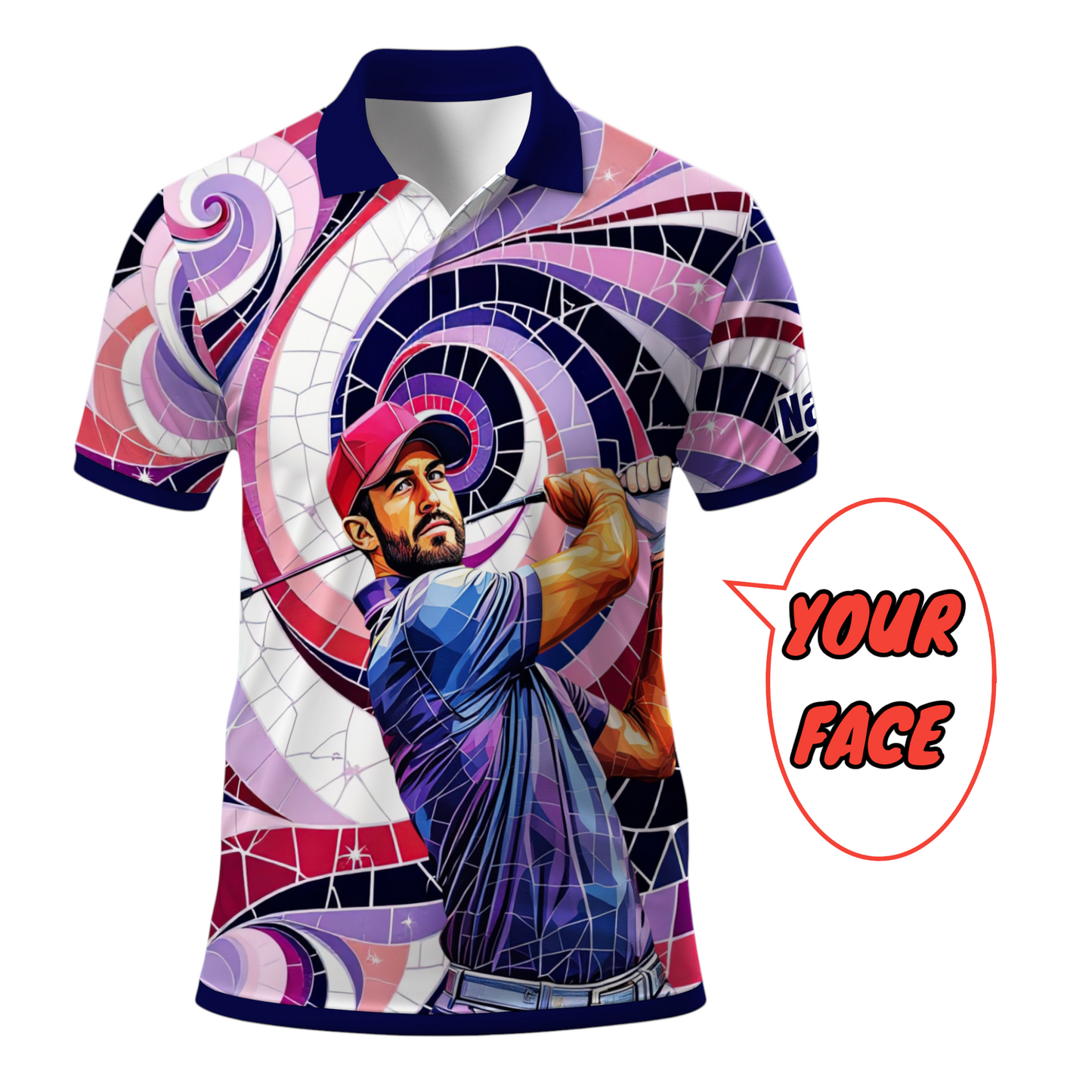 HomyGifts Men's Customized Face Artistic Golf Polo Shirt, Mosaic Art Style, Unique Personalized Golf Polo For Men Style 7