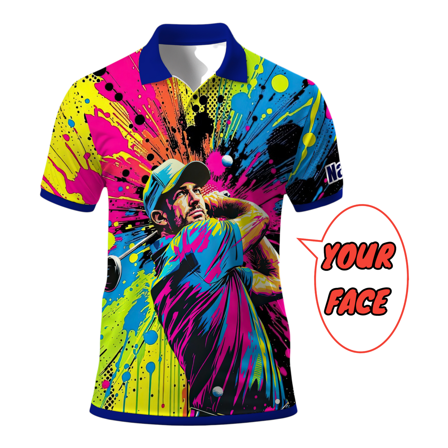 HomyGifts Men's Customized Face Artistic Golf Polo Shirt, Personalized Pop Art Golf Polo, Portrait Gift for Golfers Style 7