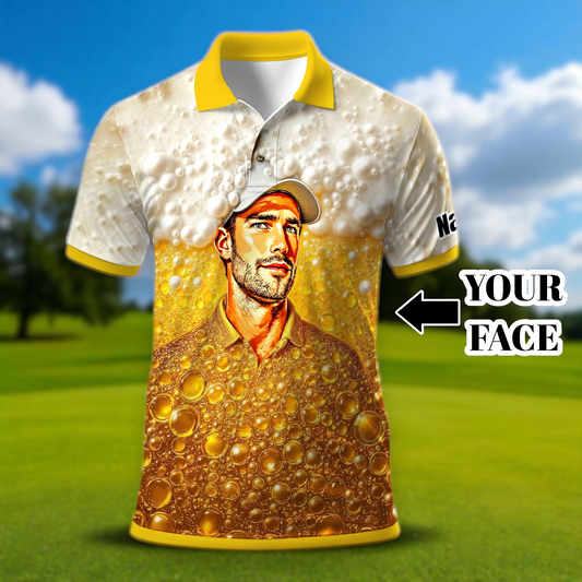 Custom Beer Polo Shirt with Face – Funny Personalized Polo for Beer Lovers, Summer Party Outfit, Unique Gift for Men