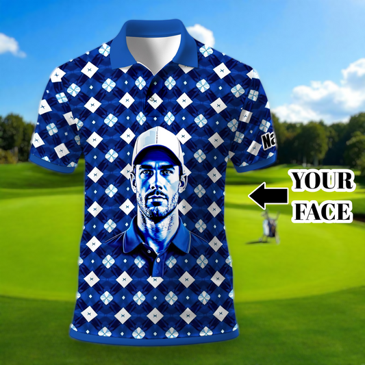 Custom Face Polo Shirt – Geometric Diamond Pattern | Personalized Photo Golf Polo | Unique Gift for Him, Retro Geometric Style Shirt Style 7