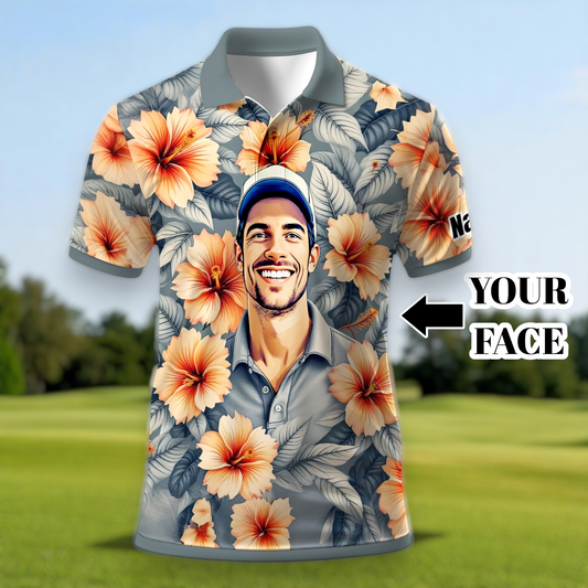 Custom Face Tropical Floral Polo Shirt – Personalized Summer Shirt, Fun Beach Vacation Gift, Unique Tropical Party Outfit