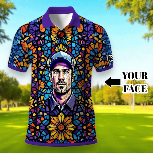 Custom Face Golf Polo Shirt – Personalized Stained Glass Art Shirt, Unique Golf Gift for Him, Colorful Abstract Golf Polo, Custom Sportswear