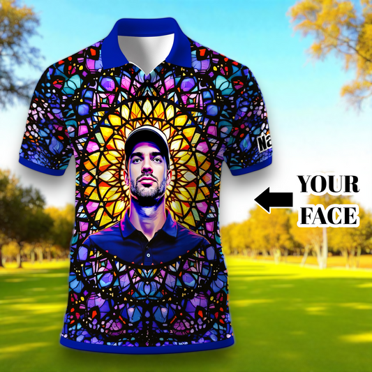Custom Face Golf Polo Shirt – Personalized Stained Glass Mandala Style Polo, Unique Gift for Men & Women, Vibrant Artistic Golf Shirt, Custom Photo Polo